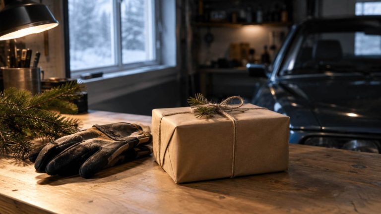 Joululahja miehelle pakattuna autotallin työpöydällä
