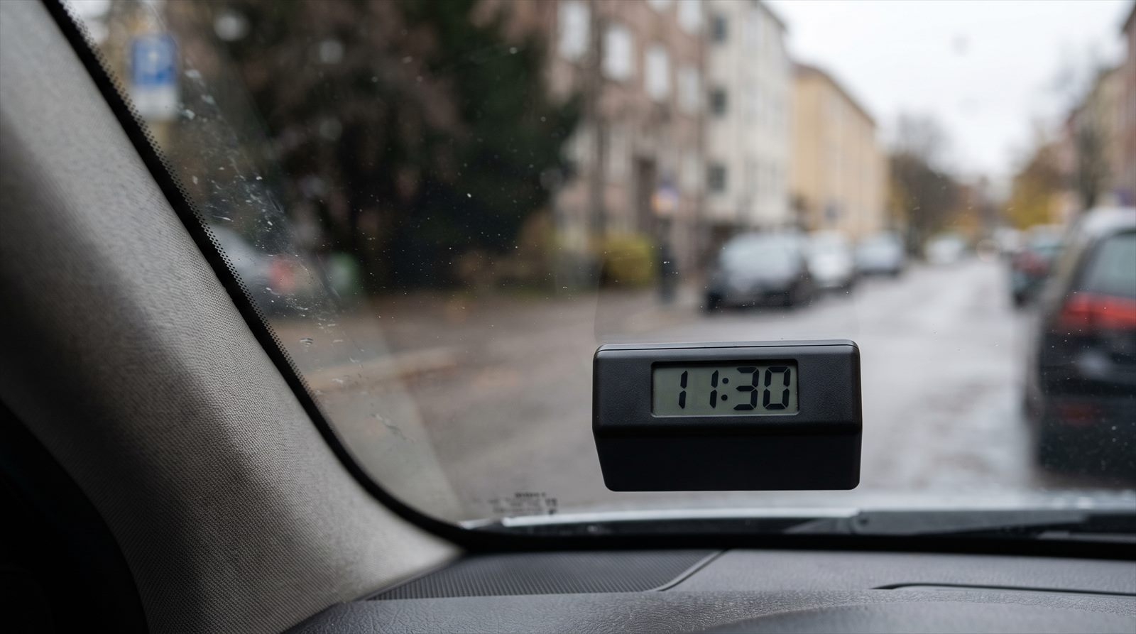Automaattinen parkkikiekko kiinnitettynä auton tuulilasin alakulmaan, taustalla kaupungin katu.
