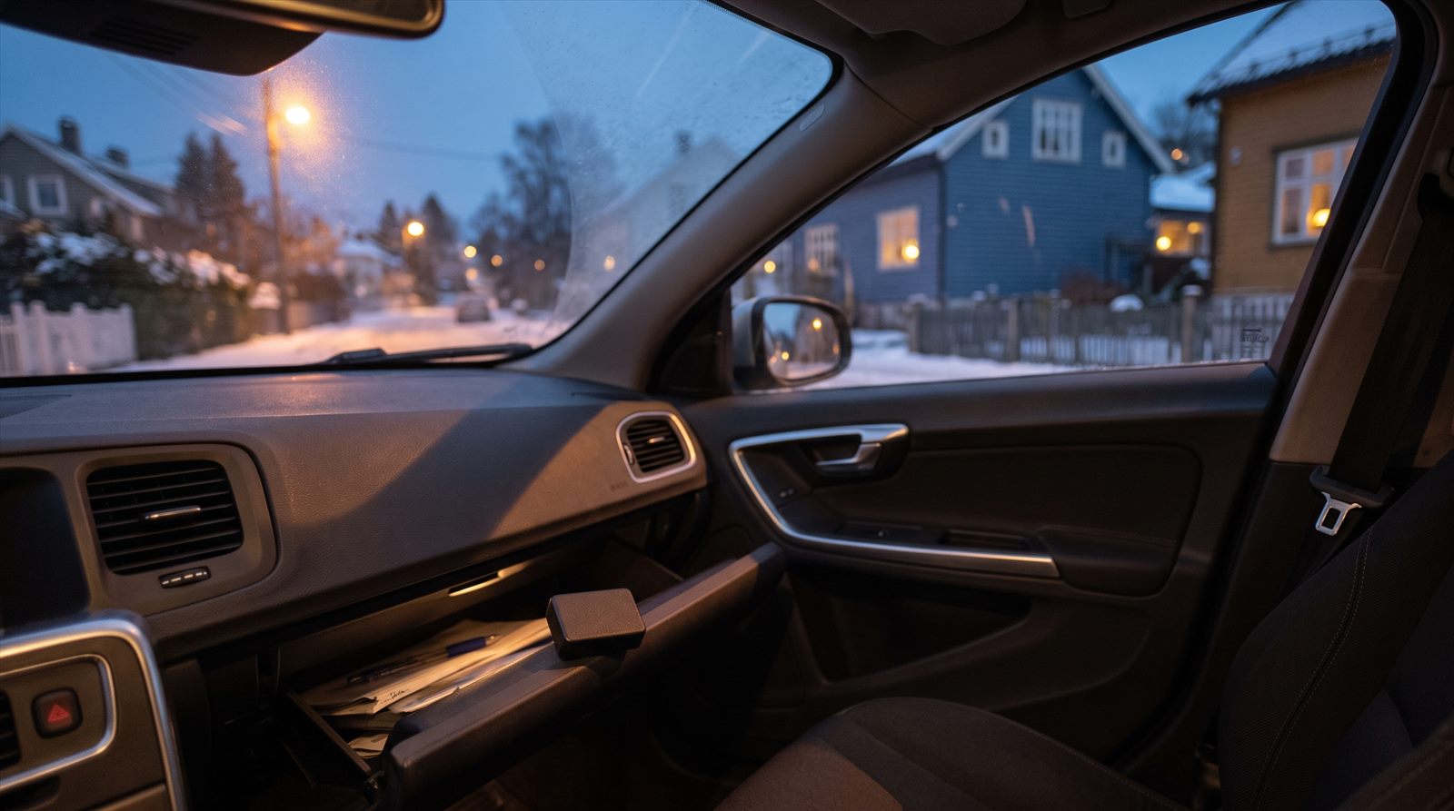Pieni musta paikannin auton hansikaslokeron reunalla illalla pysäköidyssä autossa