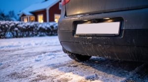 Pieni peruutuskamera rekisterikilven yläpuolella lumisella pihatiellä hämärässä