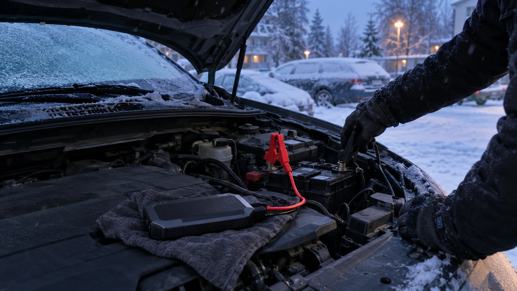 Kannettava starttiboosteri kytkettynä auton akkuun lumisella pihalla pakkasaamuna