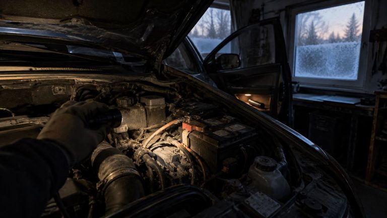 Tehokas taskulamppu valaisee auton moottoritilaa hämärässä autotallissa