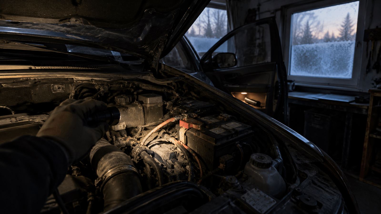 Tehokas taskulamppu valaisee auton moottoritilaa hämärässä autotallissa